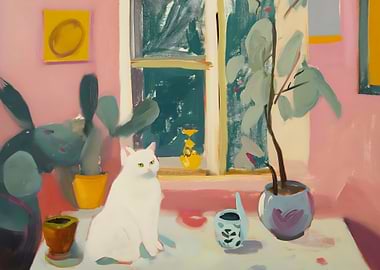 White Cat by Window Painting