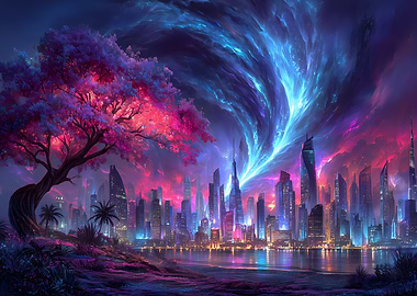 Futuristic Cityscape with Pink Tree