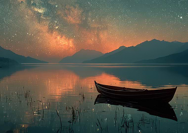 Boat on Lake Under Starry Sky