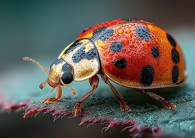 Ladybug on Leaf with Water Droplets