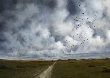 Birds Flying Over Field Under Cloudy Sky