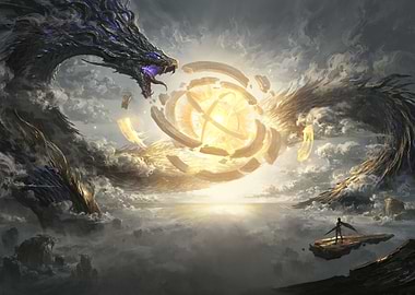 Dragon, Orb, Phoenix and Hero with Sword