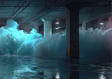 Surreal Underground Parking with Blue Mist