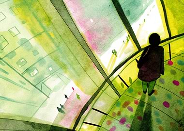 Watercolor Cityscape with Figure