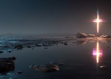 Glowing Cross on Misty Shoreline