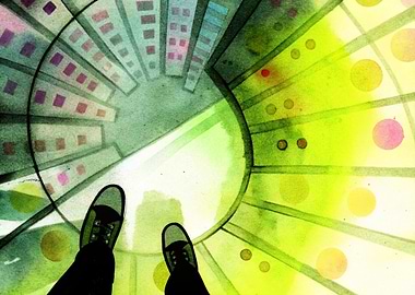 Watercolor Spiral Staircase with Shoes