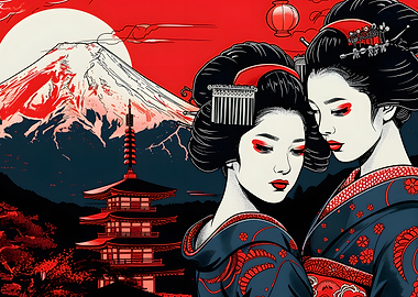 Geishas with Mount Fuji and Pagoda