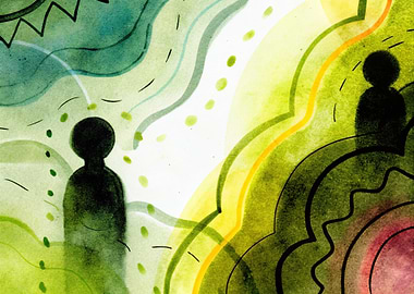 Abstract Figures in Watercolor Landscape