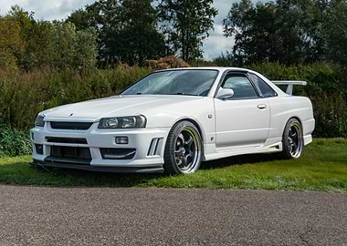 White Nissan Skyline R34 on display