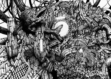 Monochrome Cyberpunk Fish and Figure Drawing