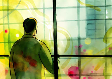 Man Looking Out Window - Watercolor