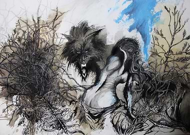 Werewolf and Woman Ink Drawing