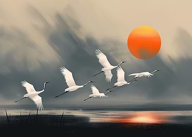 Cranes in Flight at Sunset – Minimalist Japanese-Style Landscape Painting