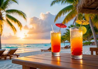 Tropical Cocktails on Beach at Sunset