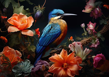 Tropical Bird Among Flowers – Photorealistic Audubon-Style Artwork