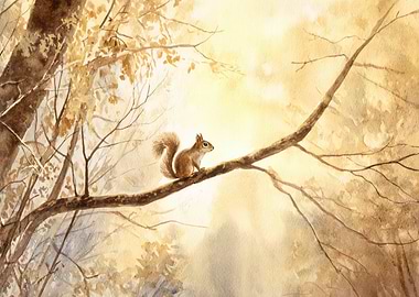 Squirrel on Branch Watercolor Painting
