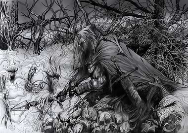 Dark Warrior in a Skull Field