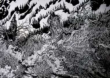 Monochrome Forest Landscape with Wolf
