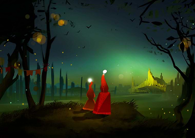Red-Cloaked Figures in Fantasy Landscape