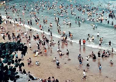 Crowded beach scene with many people