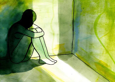 Figure in Corner, Green Watercolor