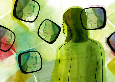 Woman Surrounded by Reflections Watercolor