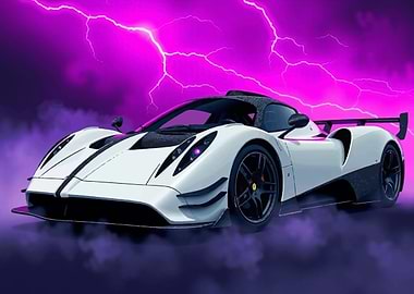 White Pagani Zonda Sports Car with Lightning Background