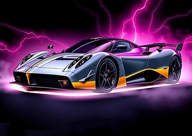Pagani Huayra Sports Car with Lightning Backdrop