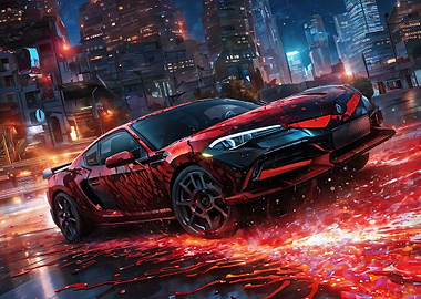 Red Sports Car in Cyberpunk City