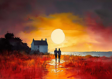 Romantic Sunset Walk – Watercolour Couple Landscape Art