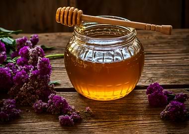 Honey jar with dipper and flowers
