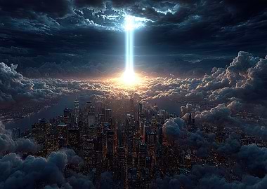 Cityscape with Light Beam and Clouds