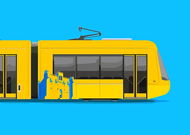 Yellow Tram with Castle Illustration