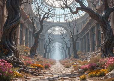 Overgrown Ruins with Trees and Flowers