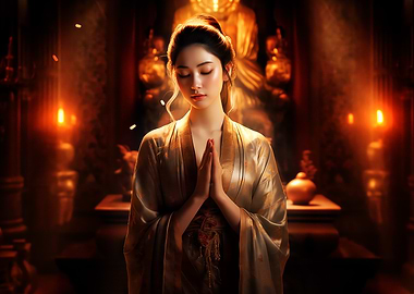 Woman in Prayer Pose in Temple