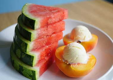 Watermelon slices and peaches with icecream