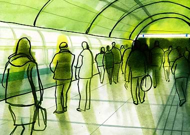 Subway Station Crowd Watercolor Illustration