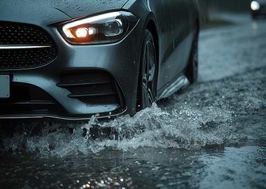 Car driving through flood water
