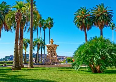 Palm Trees and Fontana del Belvedere in Park, Naples