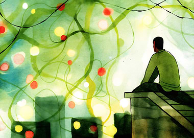 Rooftop Contemplation: Watercolor Cityscape