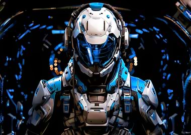 Futuristic Astronaut in Blue and White Suit
