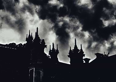 Dark Temple Silhouette Under Stormy Sky