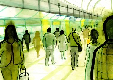 Watercolor People in a Corridor