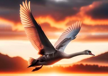 Swan in flight at sunset