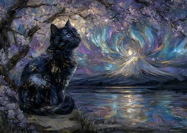 Cat and Mountain Dreamscape Painting