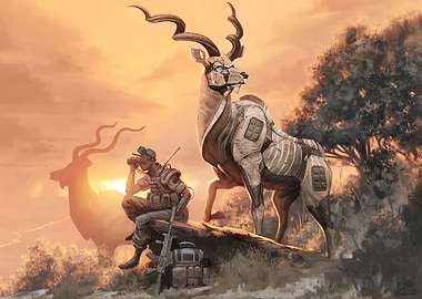 Cyborg Kudu and Soldier at Sunset