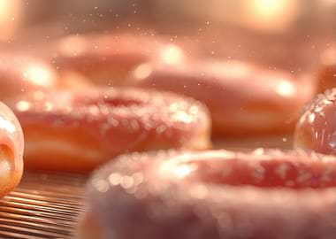 Pink frosted donuts on a rack