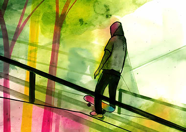 Skateboarder in Watercolor Landscape