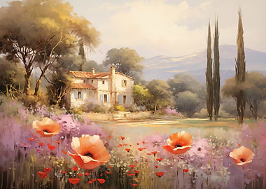 Romantic Tuscan Countryside with Poppies and Pastel Florals