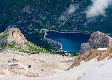 Fedaia lake seen from the Marmolada glacier